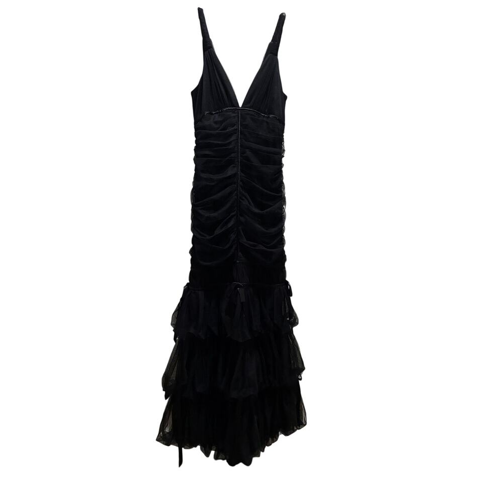 VTG Jessica McClintock Black Mesh Ruched Mermaid Gown Tiered Ruffle